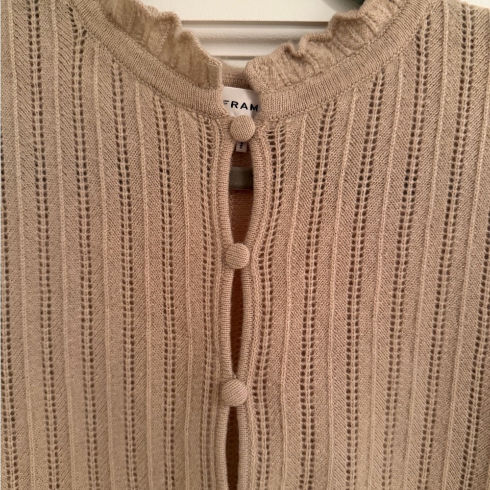Frame Ruffle Neck Pointelle Cashmere Cardigan - Picture 2 of 4
